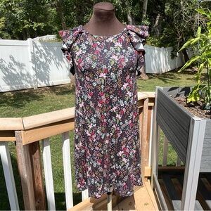 LOFT Ruffled Sleeveless Floral Knee Length Dress with Keyhole Back Sz XS Petite